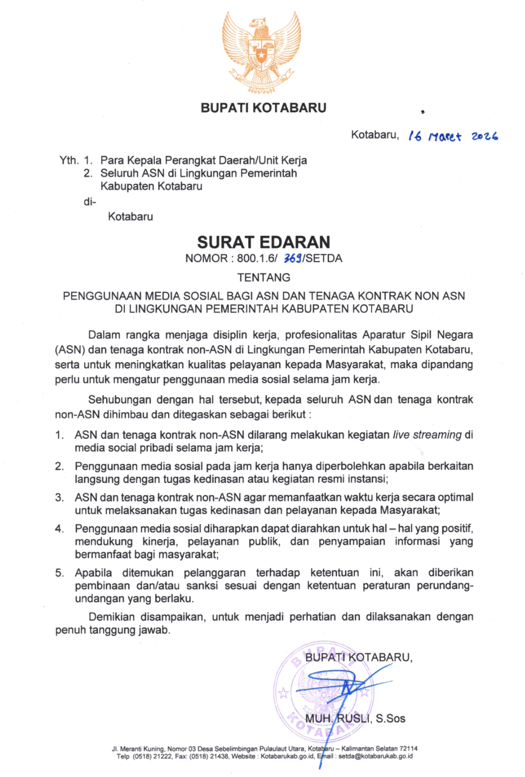 Bupati Kotabaru Keluarkan Aturan Penggunaan Media Sosial bagi Aparatur